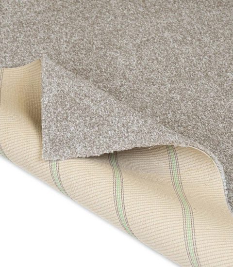 Mushroom Grey carpet, corner turned back to show the backing