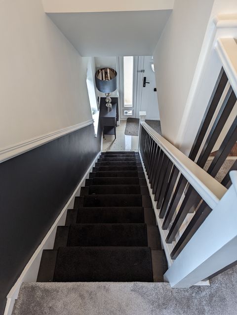 Black stair runner, from the top of the stairs