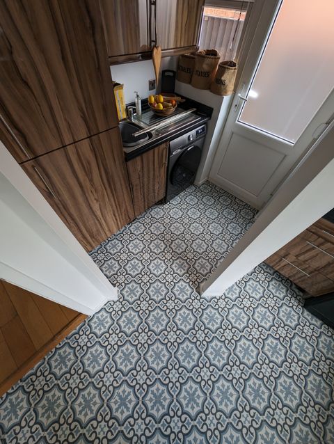 Blue patterned vinyl, kitchen and utility