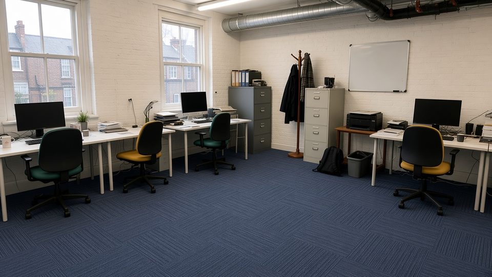 Blue carpet tiles laid quarter-turn in a small office