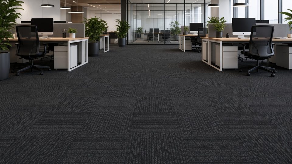 Charcoal carpet tiles laid quarter-turn in an open-plan office